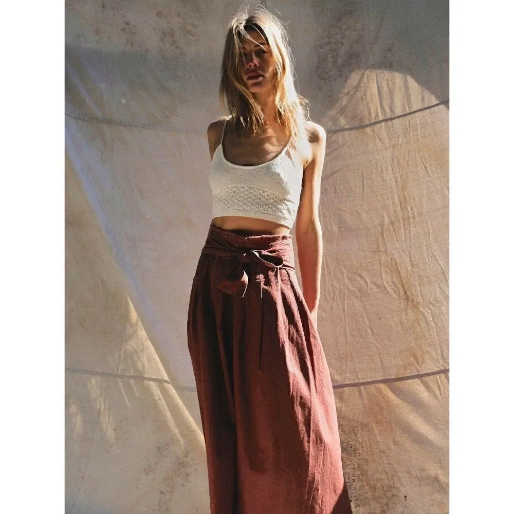 NEW FREE PEOPLE FP ONE Sz 6 BLAKE HIGH WAISTED BELTED MIDI SKIRT in SAND
